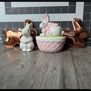 Spring Lefton Porcelain Rabbit In Basket & Standing 2 Rabbit shaped Molds